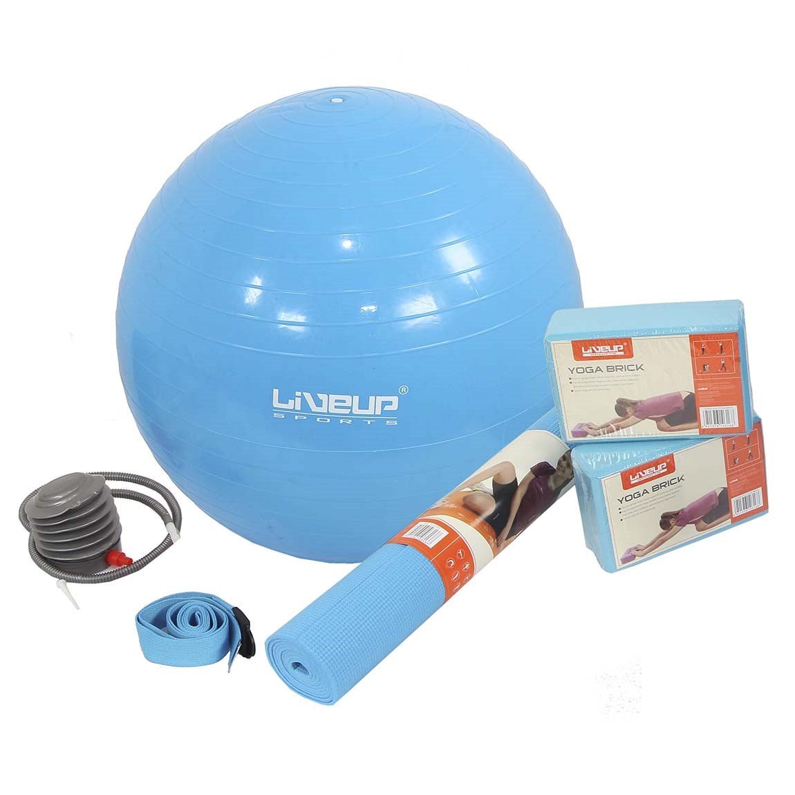 YOGA EXERCISE SET WITH BALL, BRICKS AND STRAP - BLUE - Afrofit GymStore